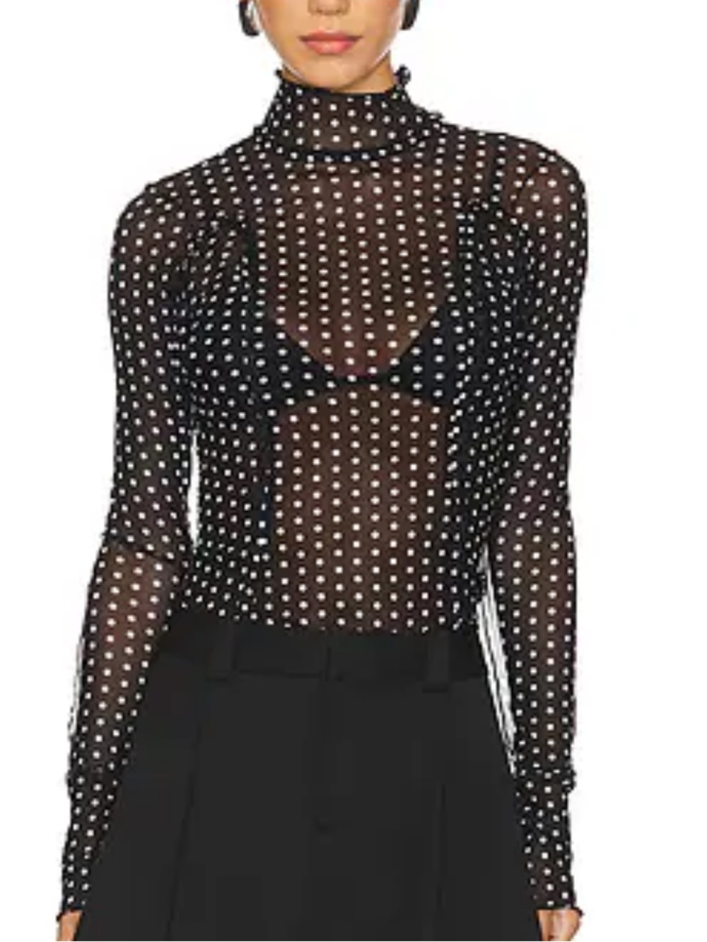 Free People Charlie Black Sheer Polka Dot Long Sleeve Turtleneck size XL